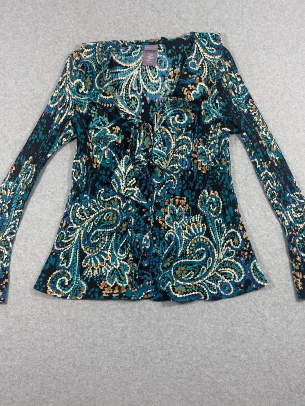 Laura Scott Women’s XL Petite Paisley Ruffle Blouse Teal Blue Long Sleeve